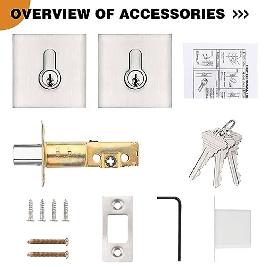 Brushed nickel double cylinder deadbolt hardware kit with keys, screws, and mounting plate