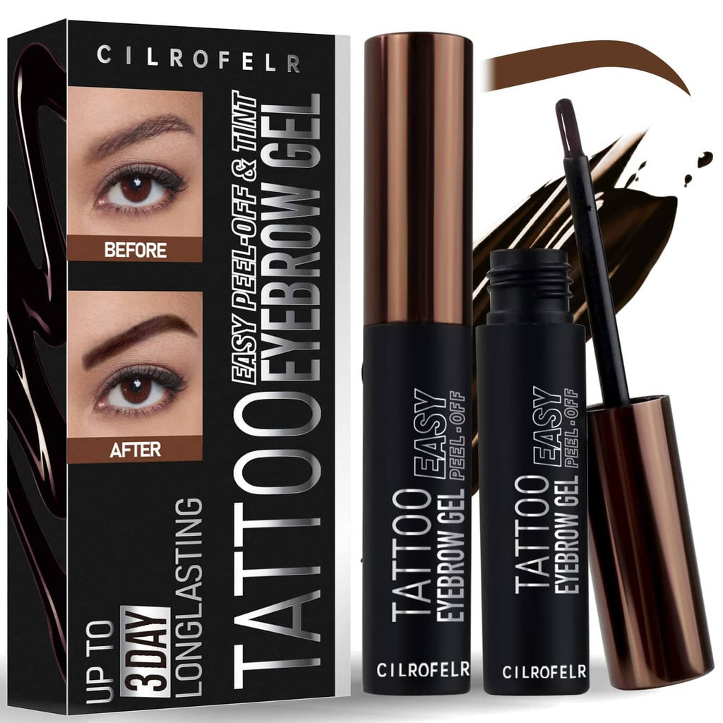 Cilrofelr peel-off eyebrow gel set in brown: two tubes, wand applicator, and metallic sleeve