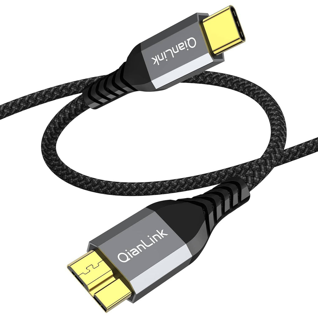 QianLink USB-C to Micro-B cable close-up, gold-plated USB-C and Micro USB-B connectors.