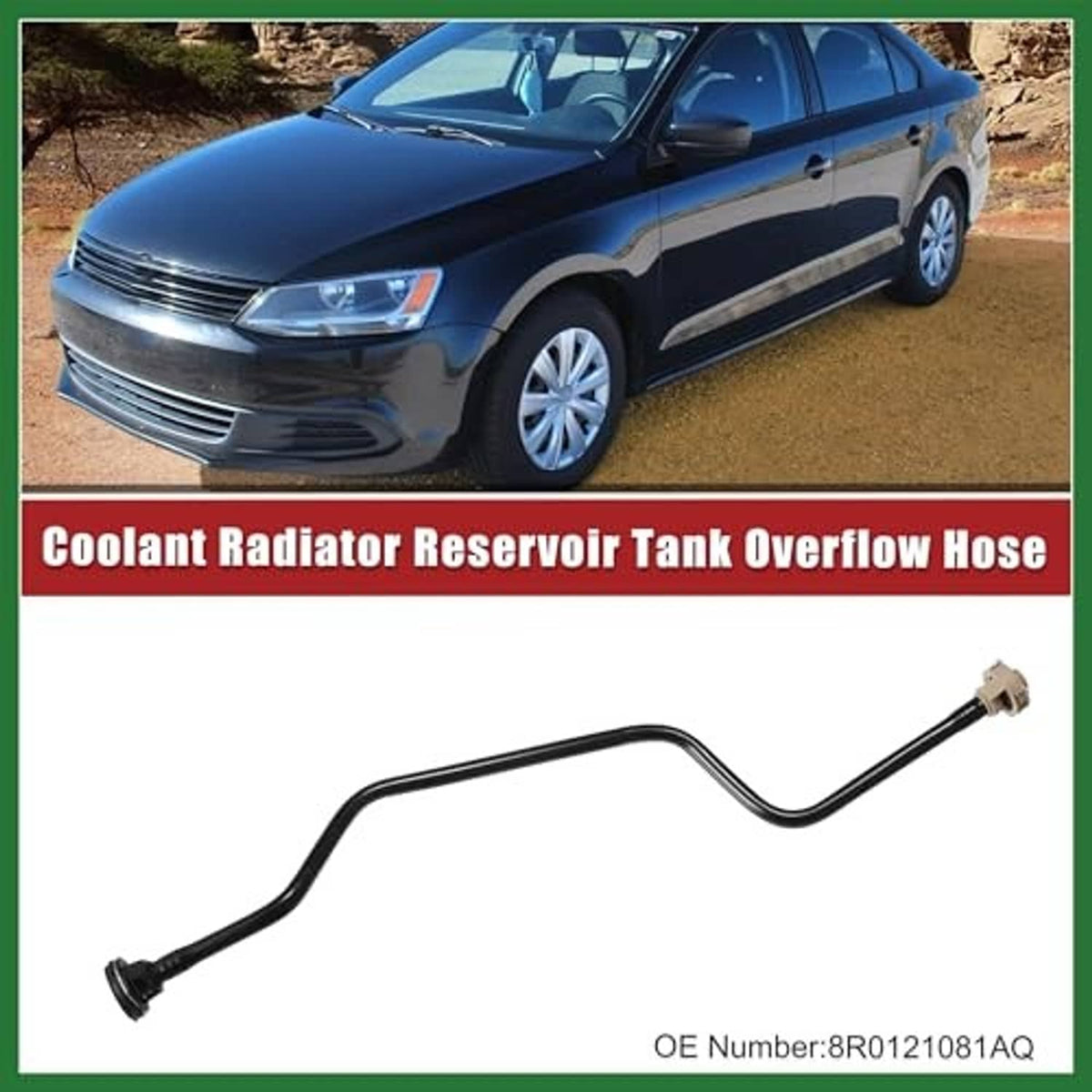 Coolant overflow hose with black tubing and metal connector tip, curved design.