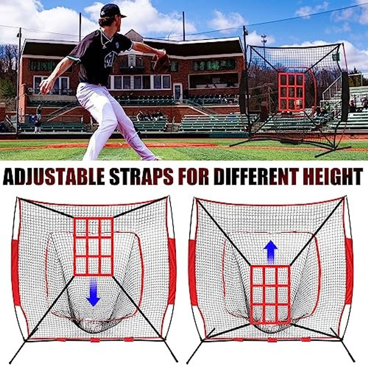 Adjustable pitching target with red square grid and straps for different heights
