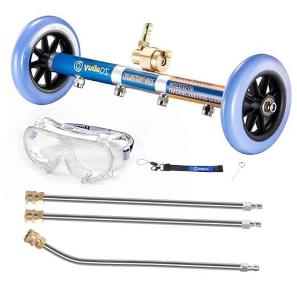 Blue 16-inch pressure washer water broom attachment with two black wheel ends and brass fittings.