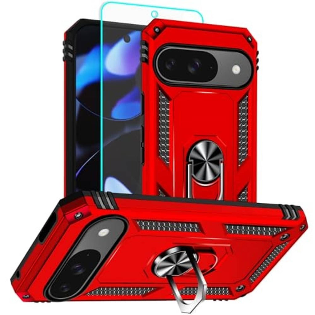 Red rugged phone case with metal ring kickstand, dual camera cutouts, and textured side grips
