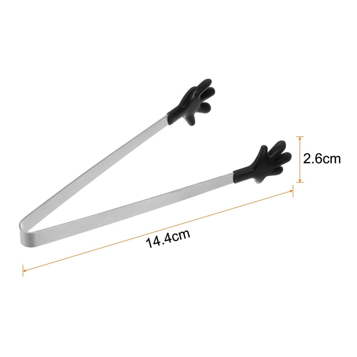 Mini stainless steel tongs with black silicone hand tips, 14.4 cm long