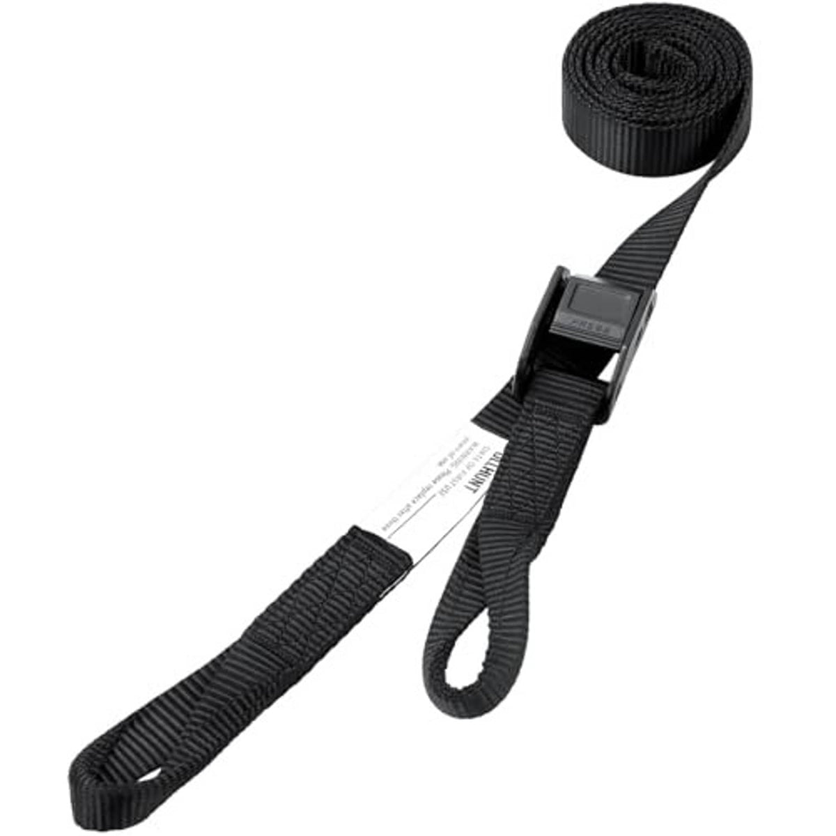 Black climbing stick straps coiled rolls and two buckled straps, laid out