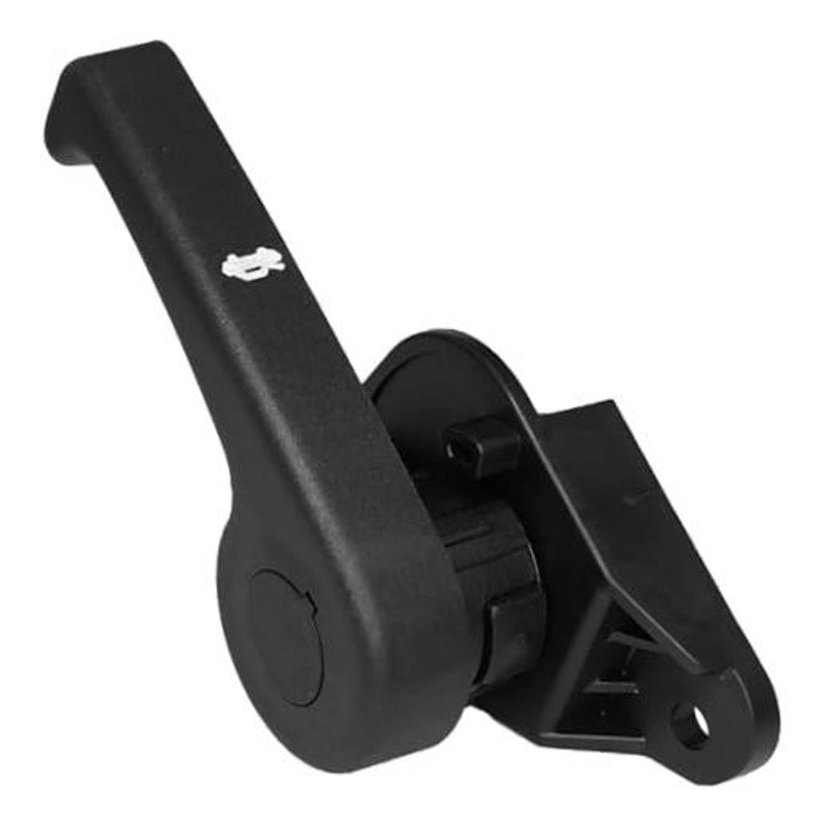 Black hood latch release handle with mounting bracket and latch pivot mechanism