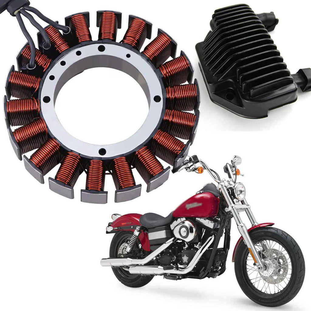 Motorcycle stator ring with copper coils plus black regulator rectifier unit and cables