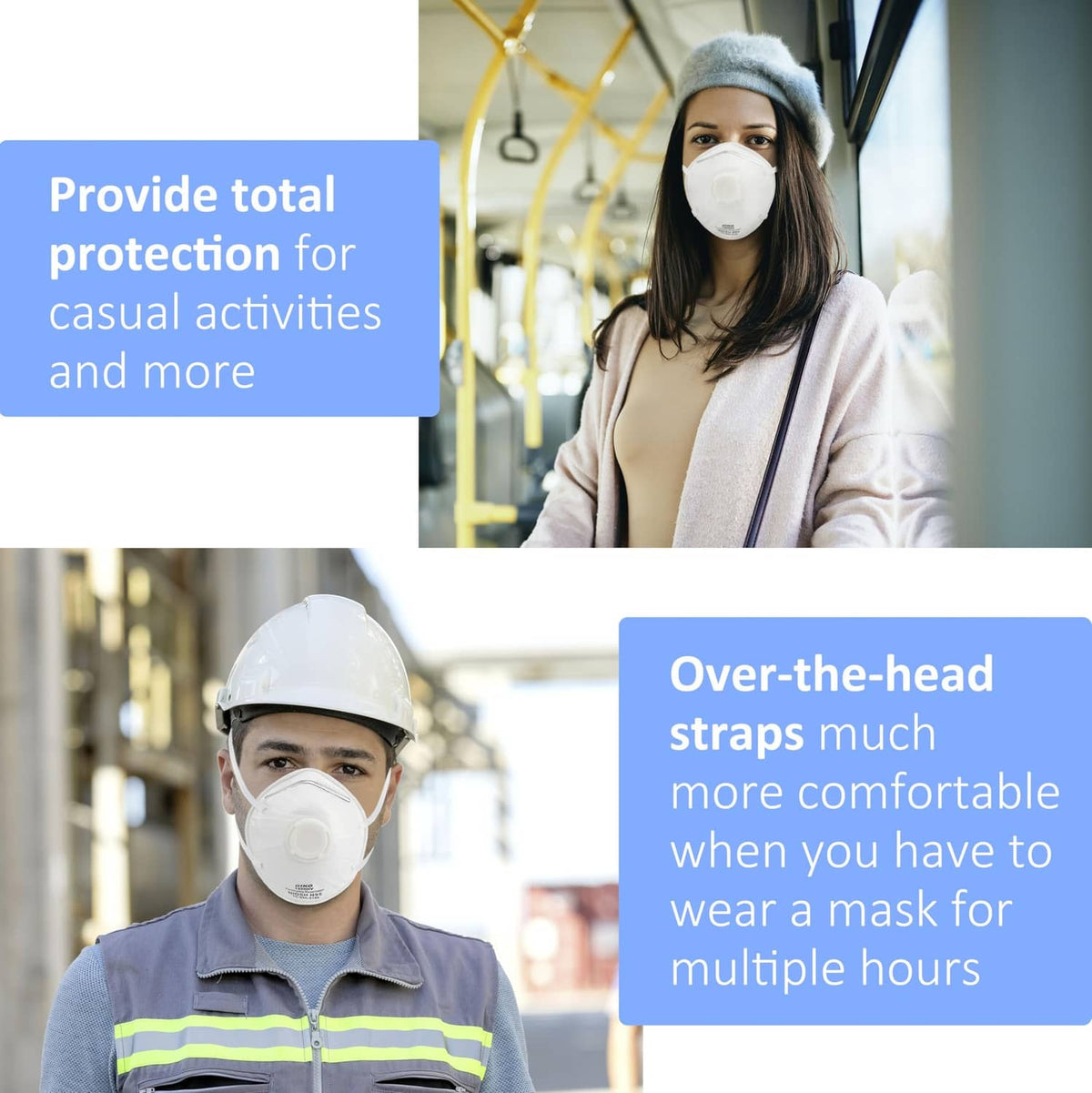 White N95 respirator masks on people with over-the-head straps for comfort