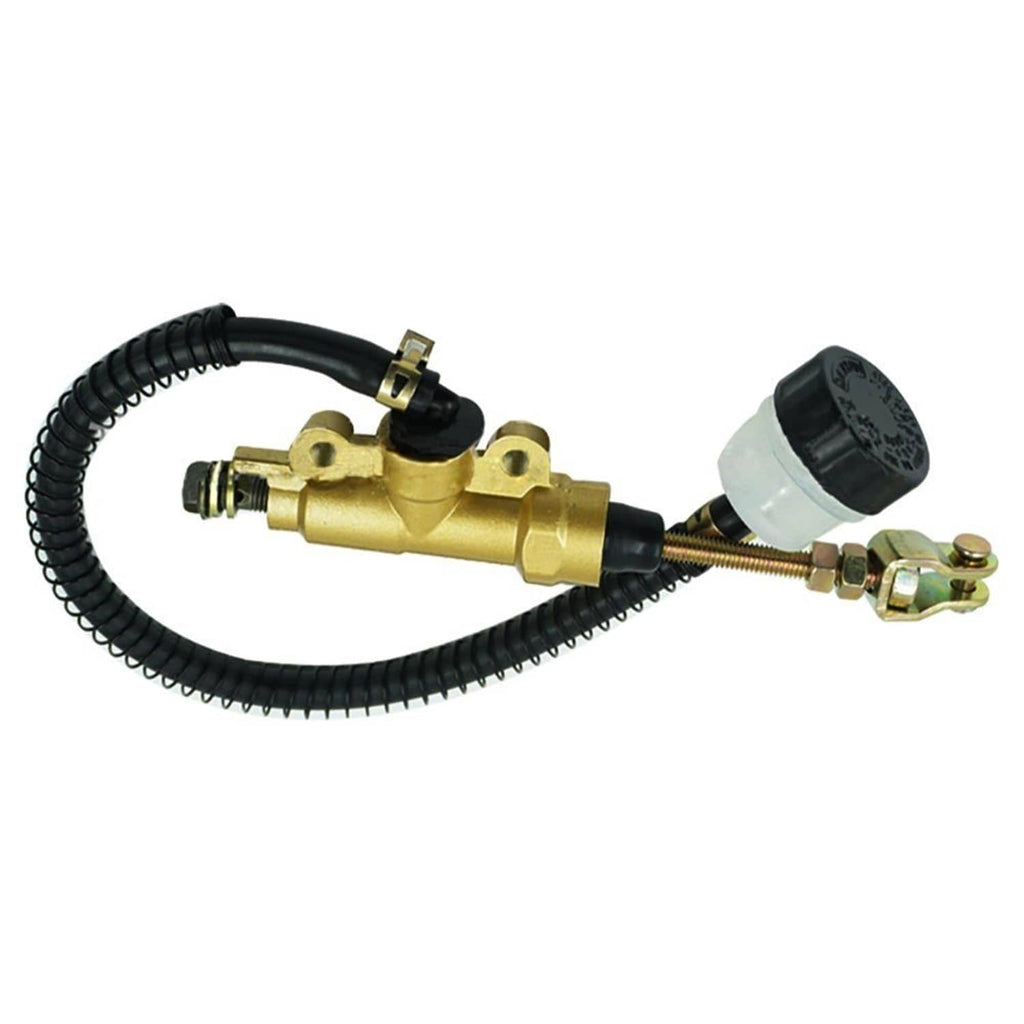 Gold rear foot brake master cylinder pump with reservoir cap and black braided hose