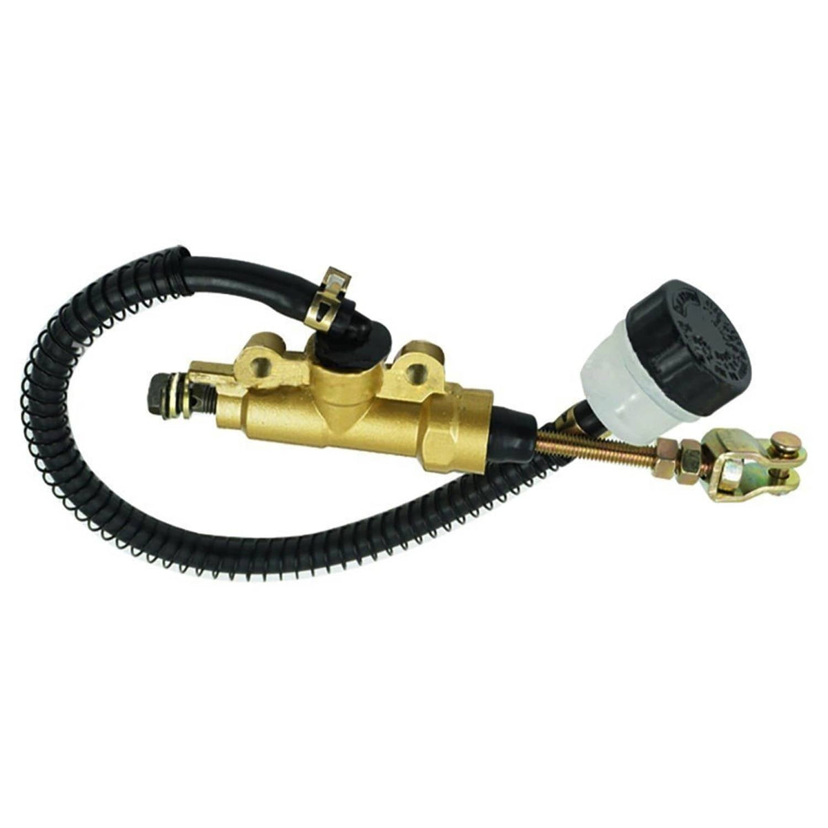 Gold rear foot brake master cylinder pump with reservoir cap and black braided hose
