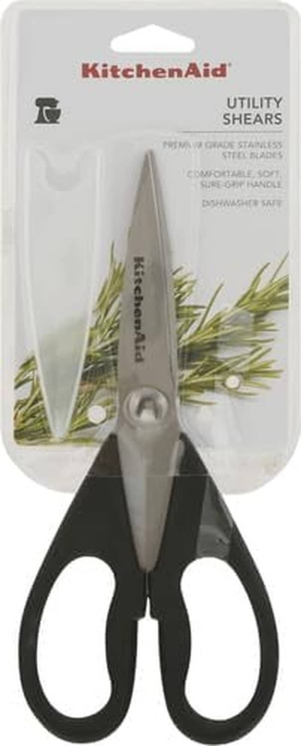 Kitchen shears in retail package, stainless blades with black loop handles and sheath