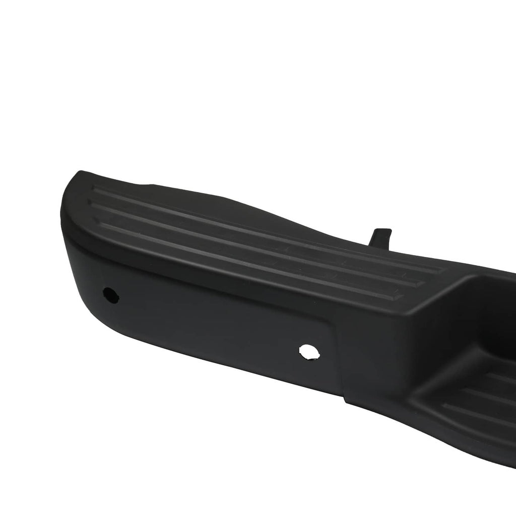 Close-up of black rear bumper step end section with mounting holes