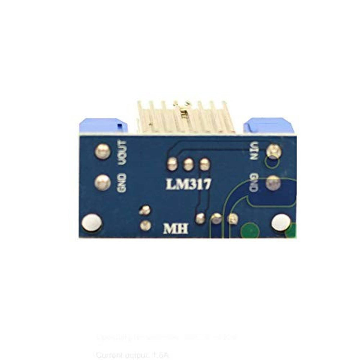 LM317 DC regulator module PCB with pin header, output and ground labels