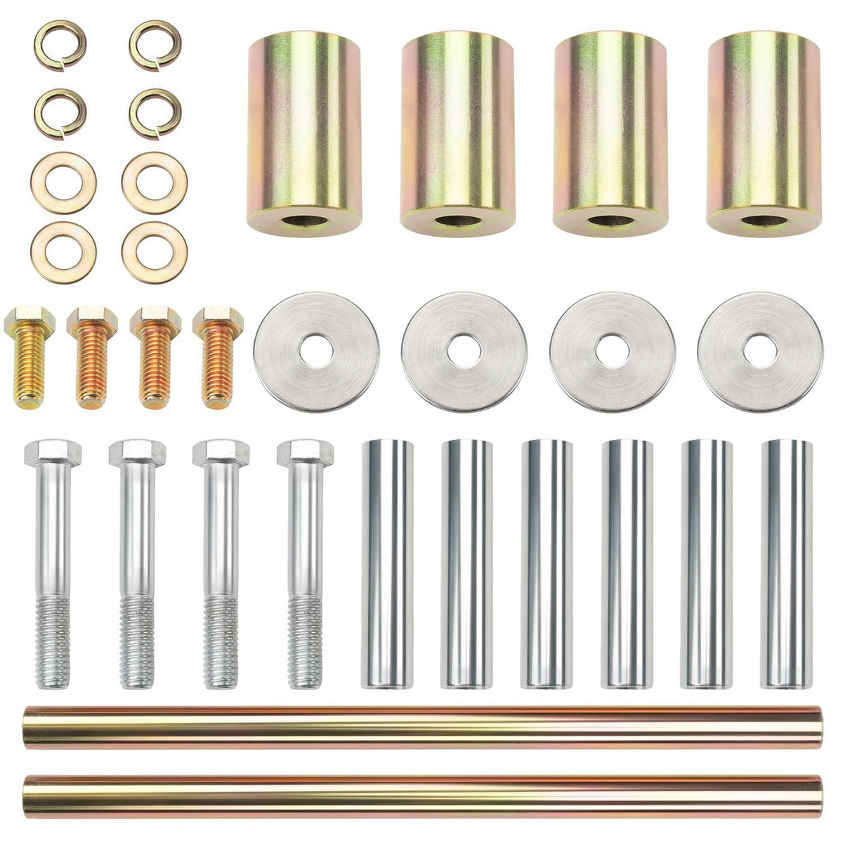 A-arm bushing shafts kit with iridescent sleeve bushings, gold bolts, washers, and silver rods