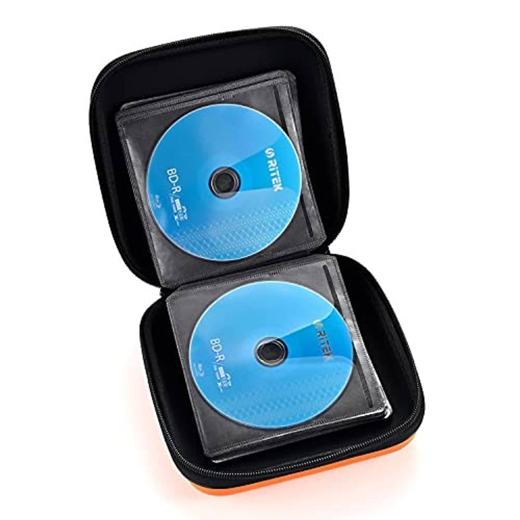 Orange hard case open to black disc sleeves, holding two blue CDs