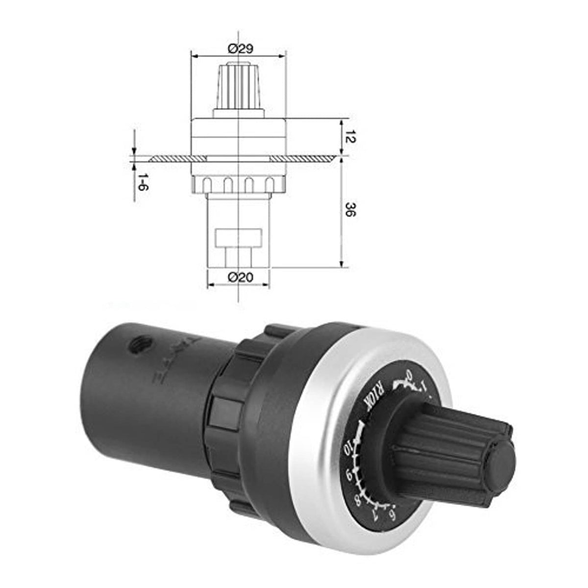 Panel-mount potentiometer with silver front ring, black body, and shaft adjustment dial