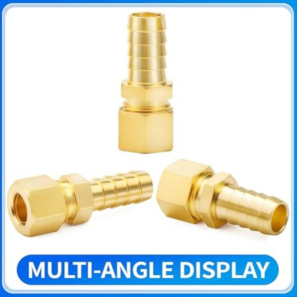 Brass compression union tube fitting with hex nut, threaded socket, and barbed connector