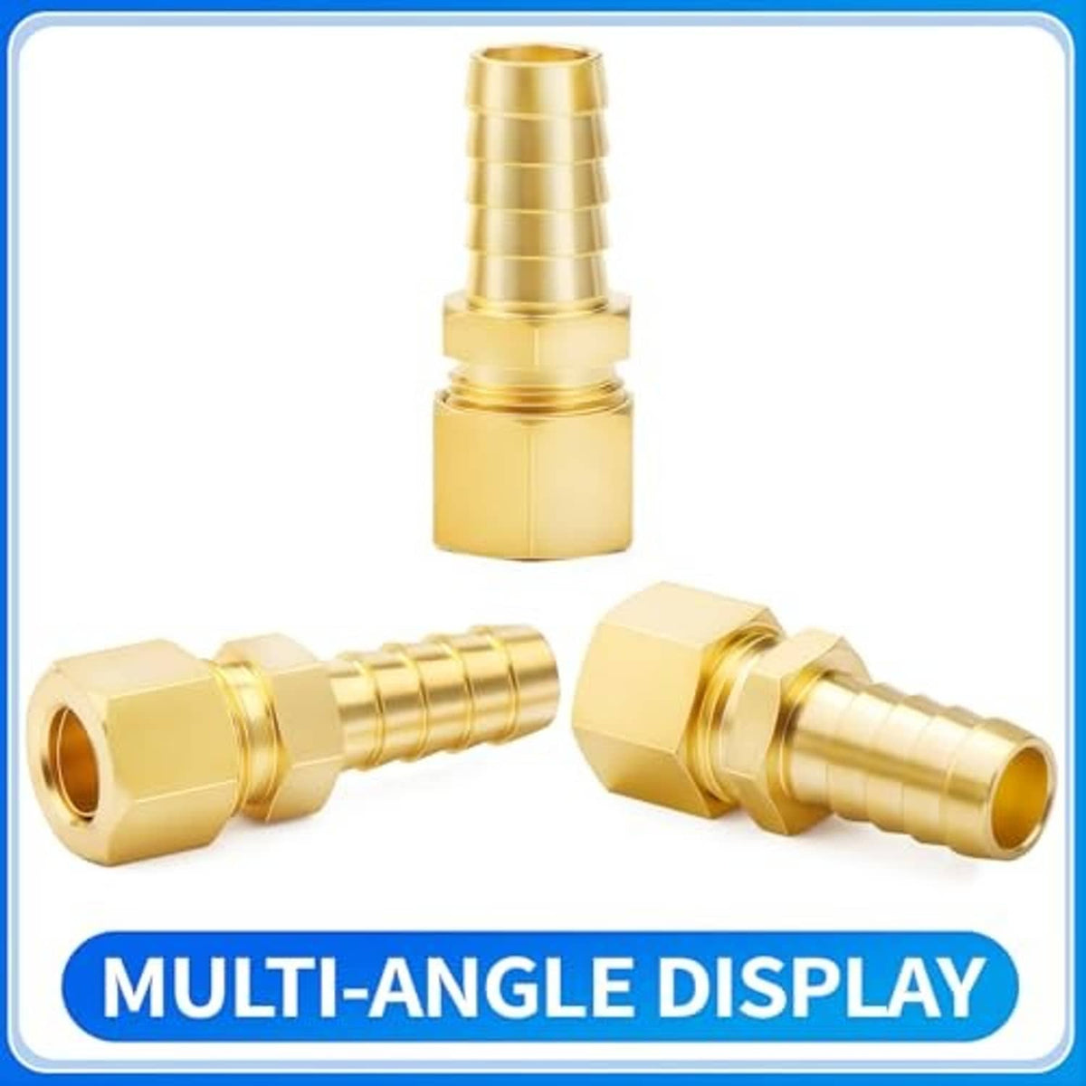 Brass compression union tube fitting with hex nut, threaded socket, and barbed connector