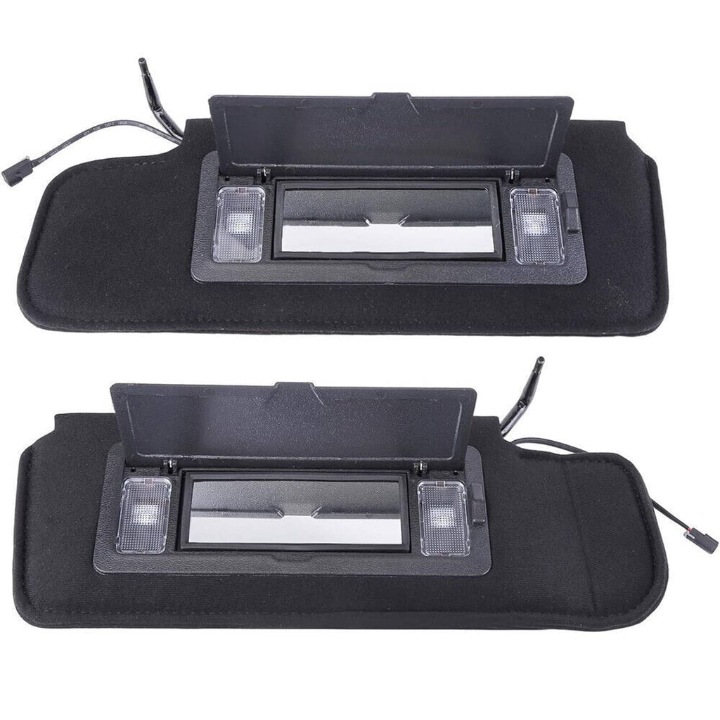 Black car sun visors with LED vanity mirror panels and built-in light housings