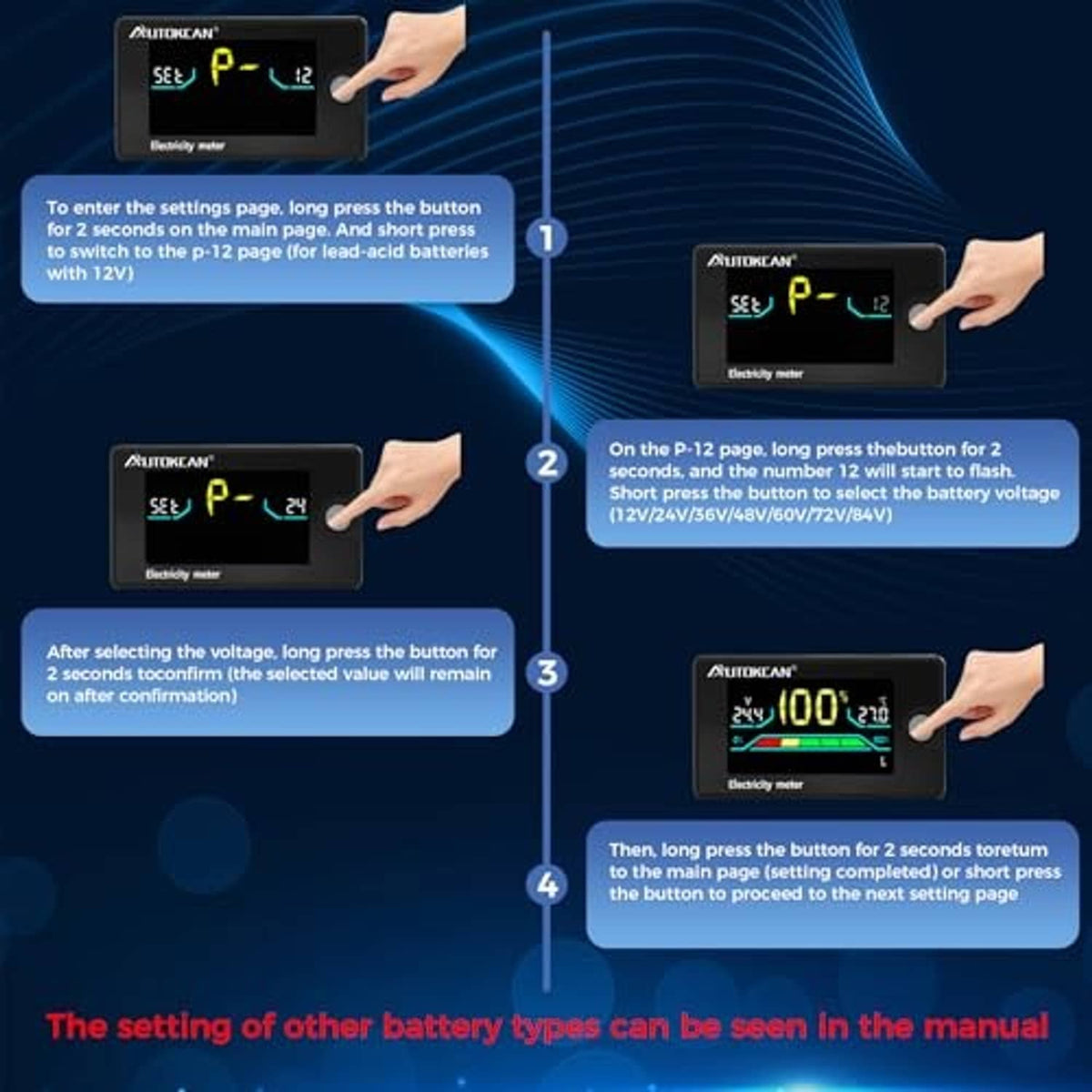 Digital battery monitor electricity meter with LCD screen and user hand pointing at settings