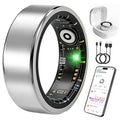 Silver smart fitness tracker ring with glowing heart-rate style display window