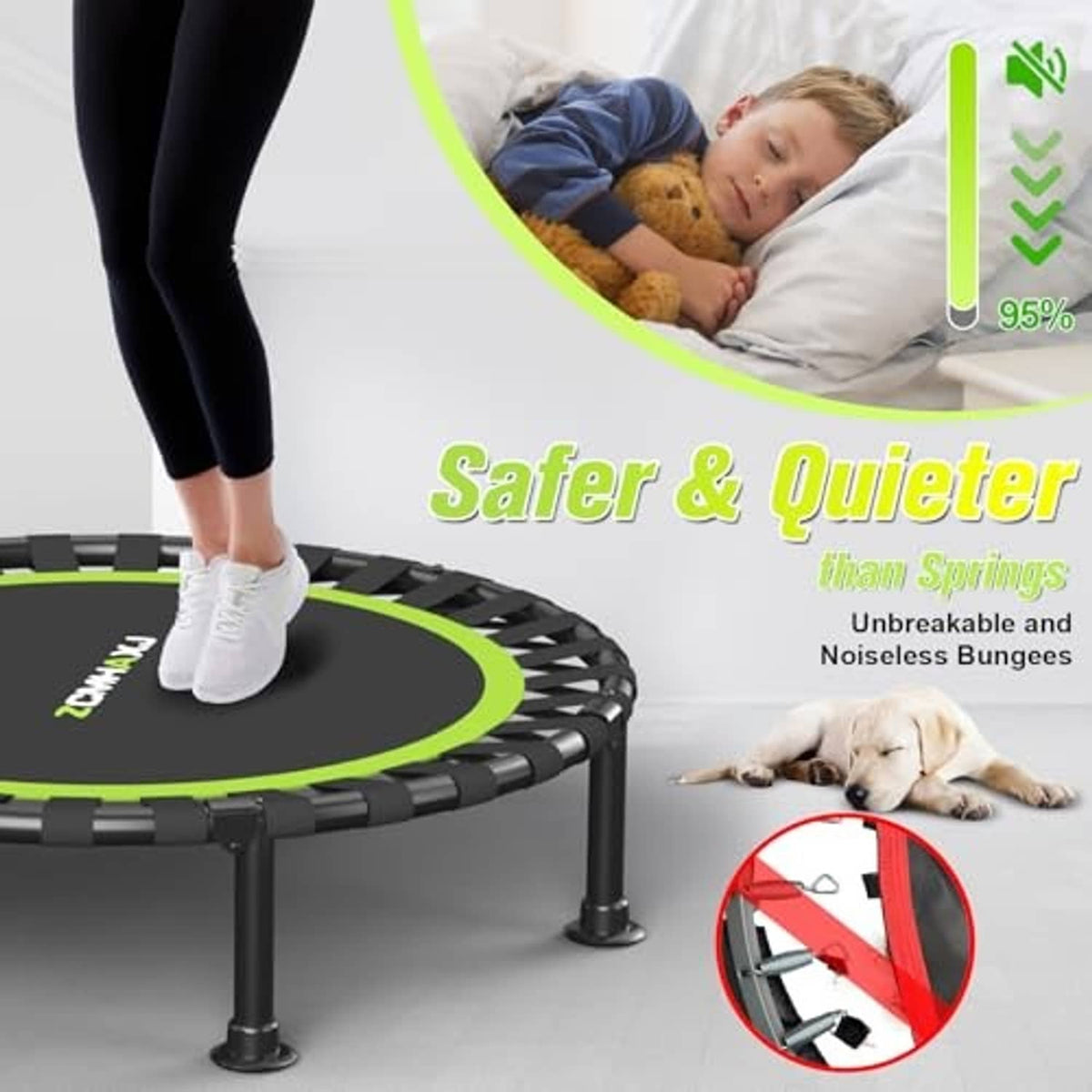 Mini trampoline with green-edged black jumping mat, quiet bungee springs, person stepping