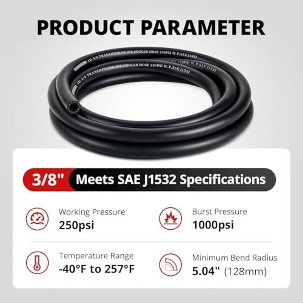 Black transmission cooler hose meets SAE J1532, 250 psi working pressure