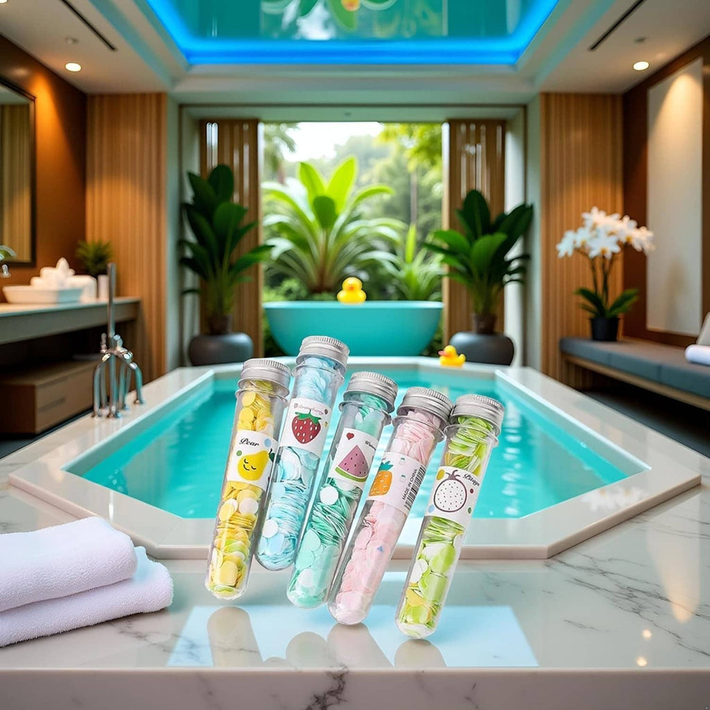 Portable soap confetti tubes in a spa pool, five clear fruit-themed bottles