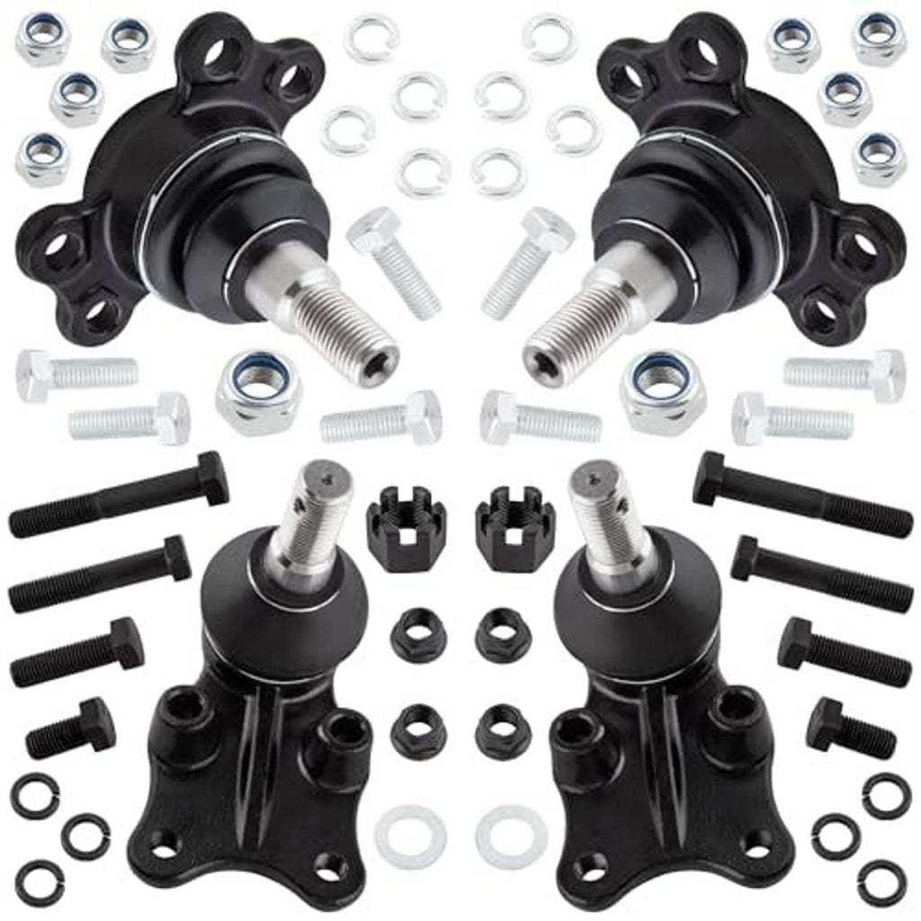 Pair of black suspension ball joints with studs plus bolts, nuts, and washers