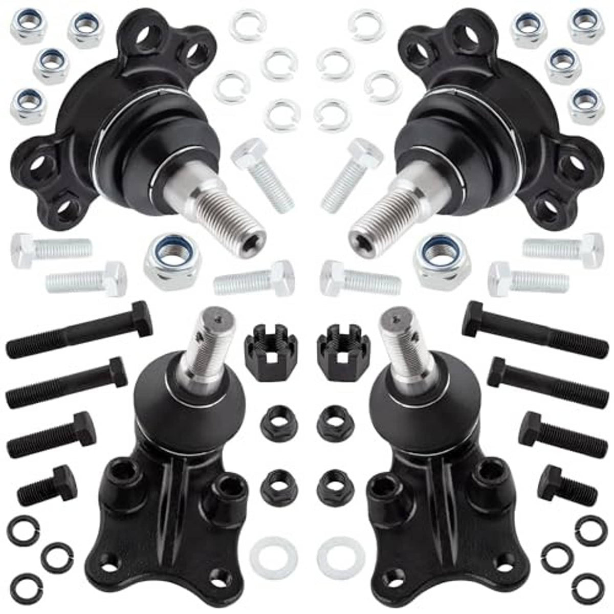 Pair of black suspension ball joints with studs plus bolts, nuts, and washers