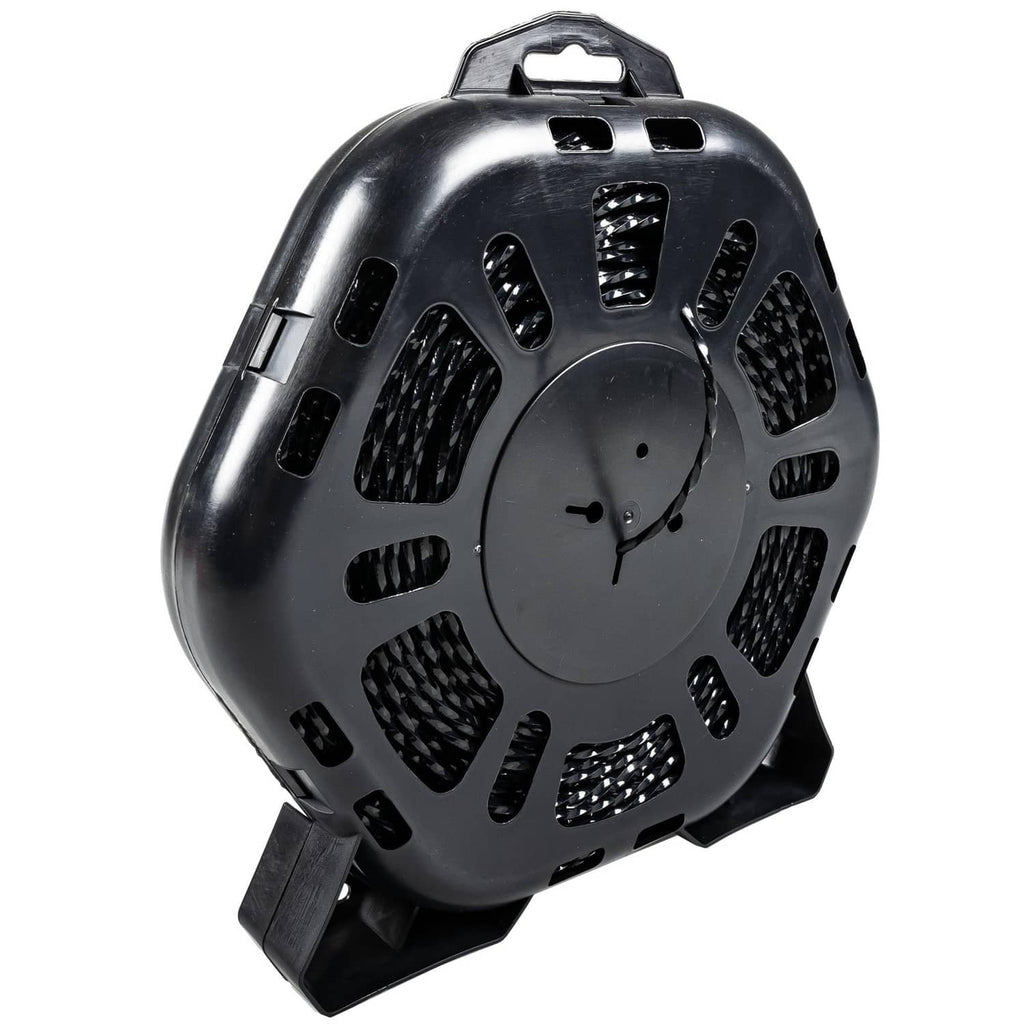 Black plastic trimmer line spool with side vents and molded handle tabs