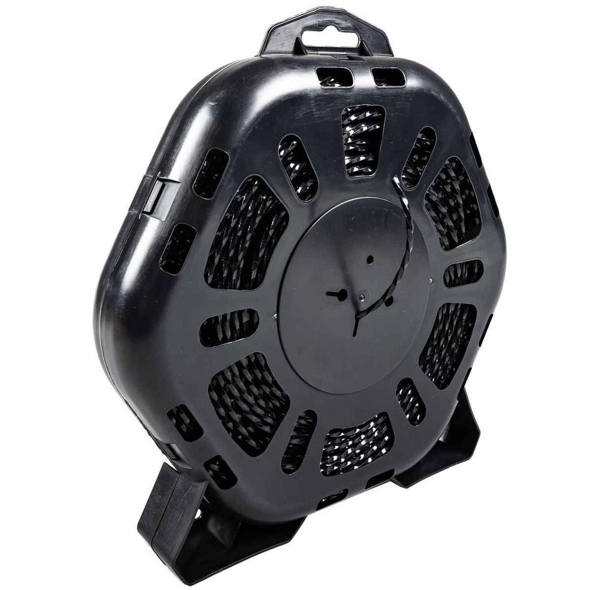 Black plastic trimmer line spool with side vents and molded handle tabs