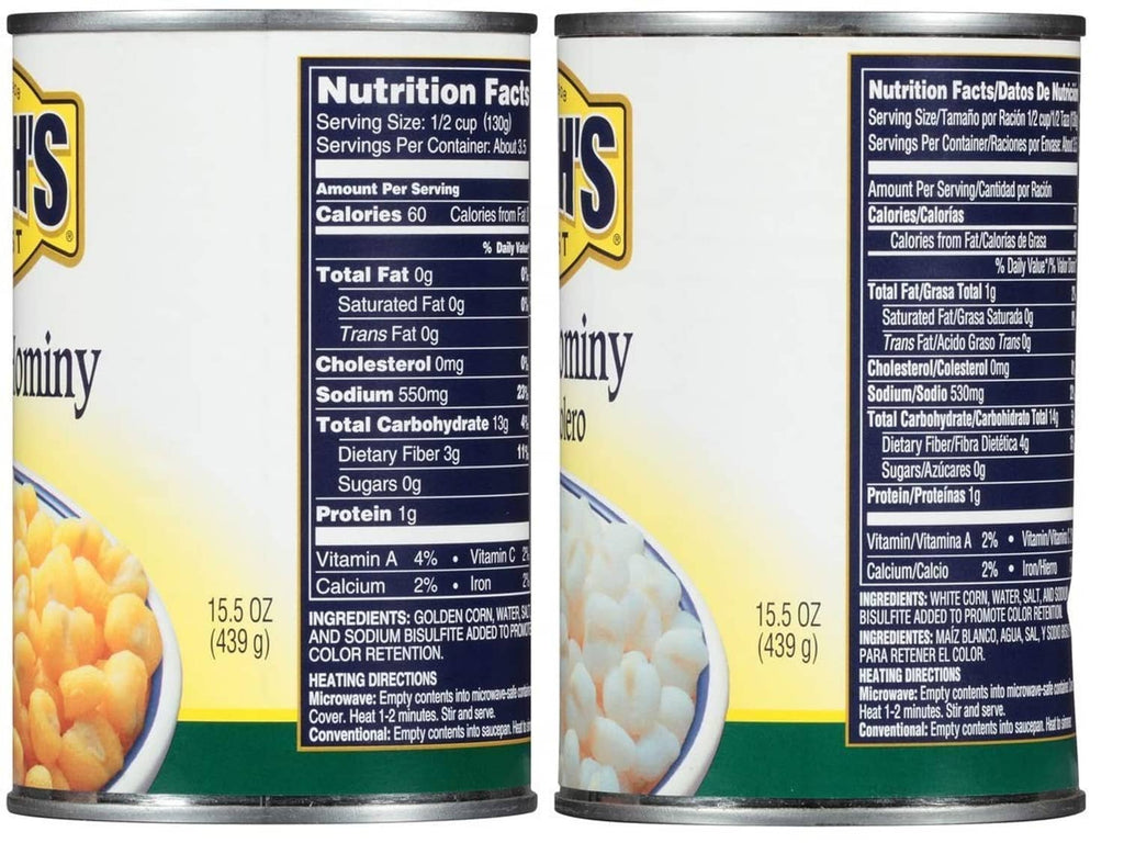 Bush's Best hominy can backs with Nutrition Facts panels