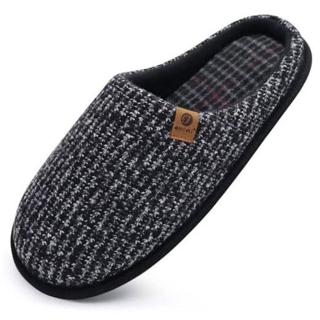 Men's memory foam scuff slipper in dark herringbone knit with black cushioned trim.