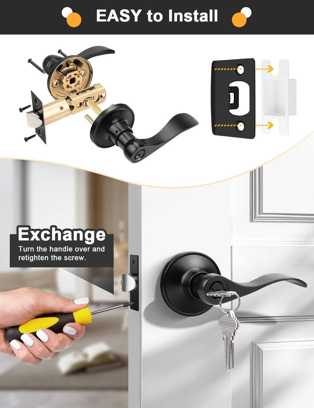 Matte black keyed door lever installation components with keys