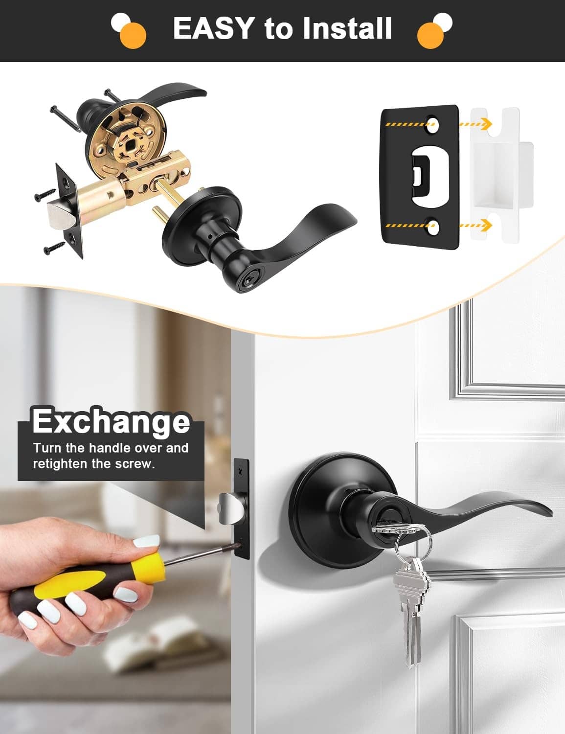 Matte black keyed door lever installation components with keys