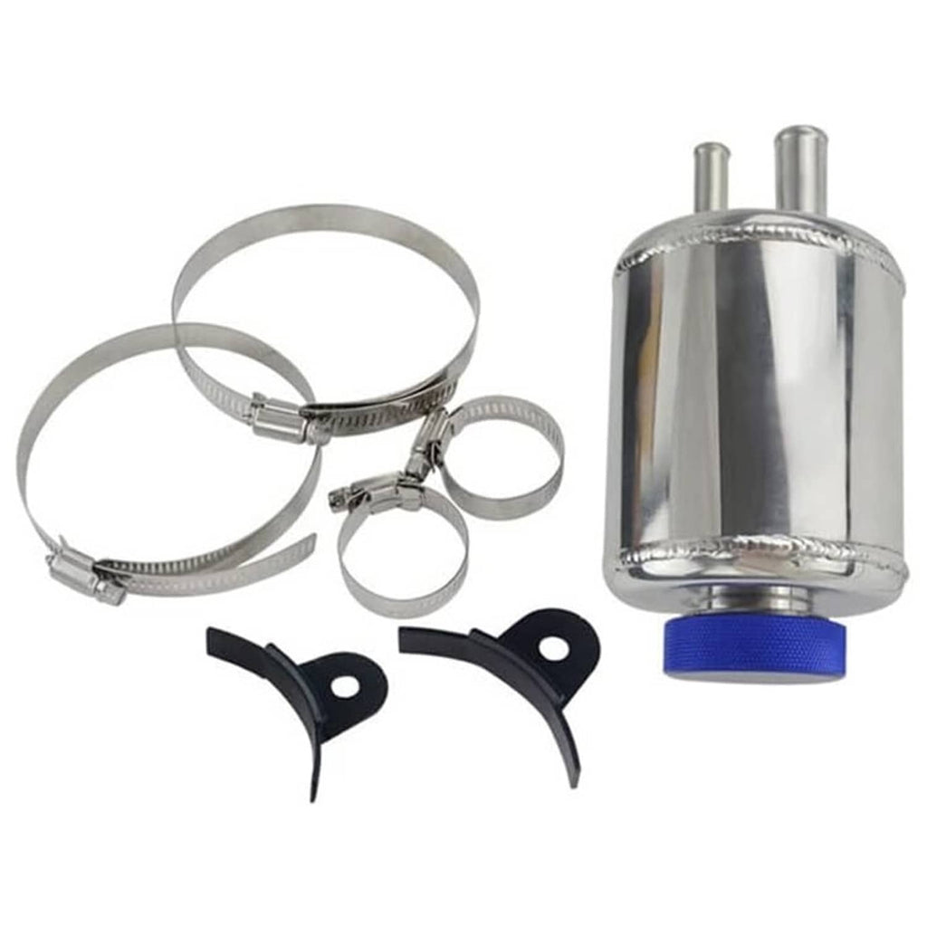 Aluminum power steering fluid reservoir tank with blue cap, clamp bands, and brackets