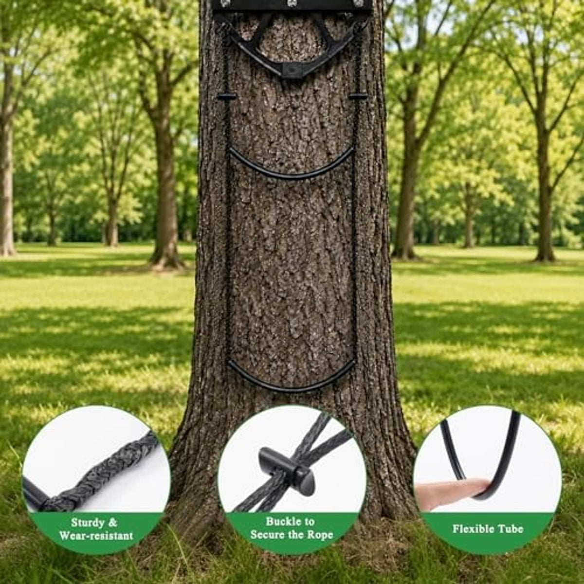 Rope ladder step with curved black tube and anchor points on tree trunk
