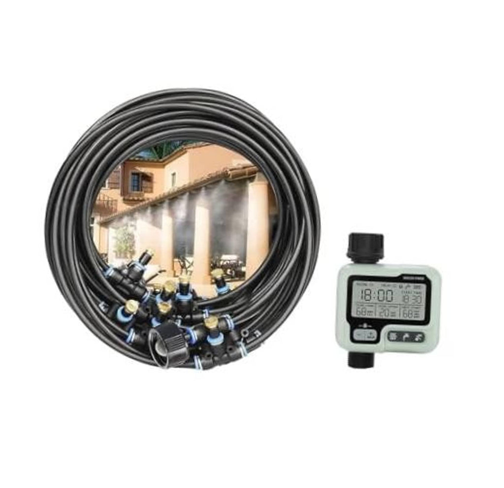 Outdoor water misting cooling system kit with coiled hose and digital timer controller