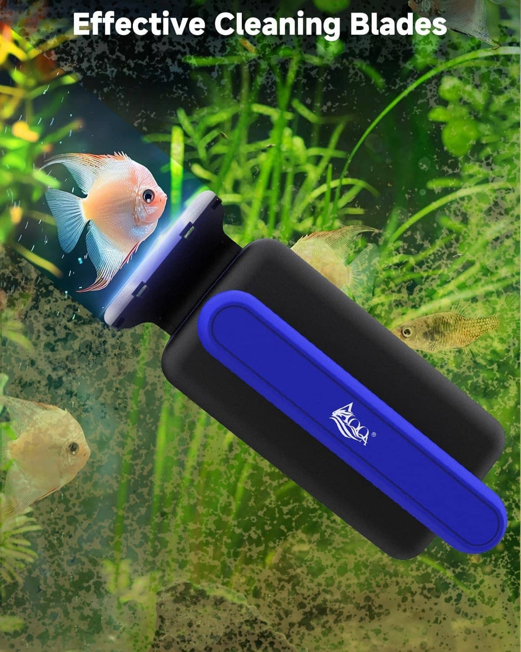 Magnetic aquarium cleaner with blue-and-black handle and dual cleaning blades