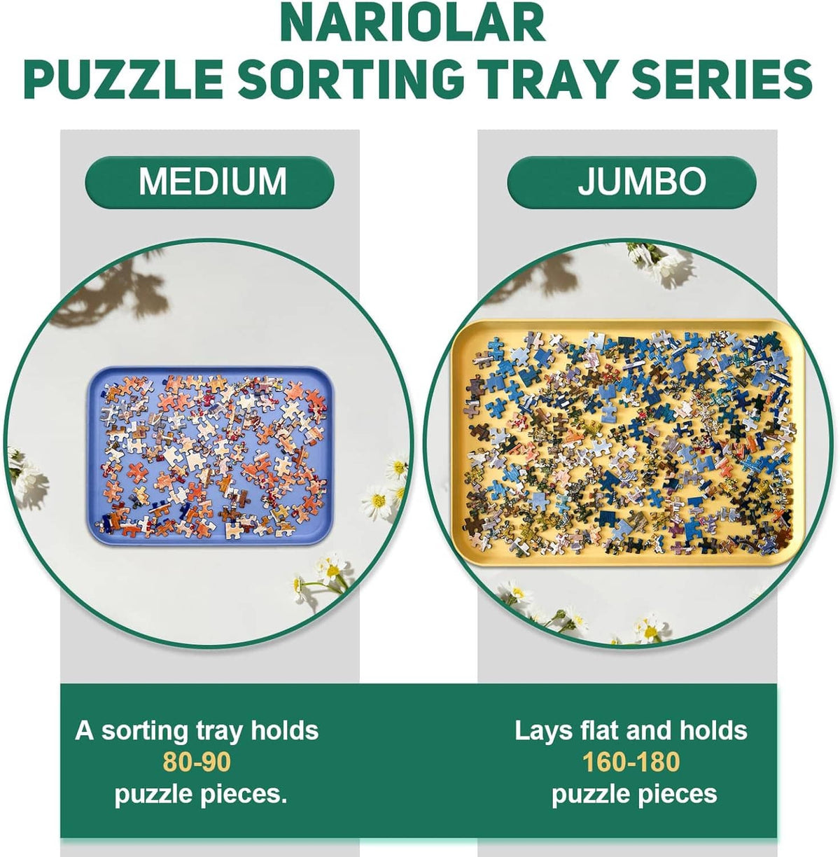Puzzle sorting tray series chart showing medium tray and jumbo tray capacities