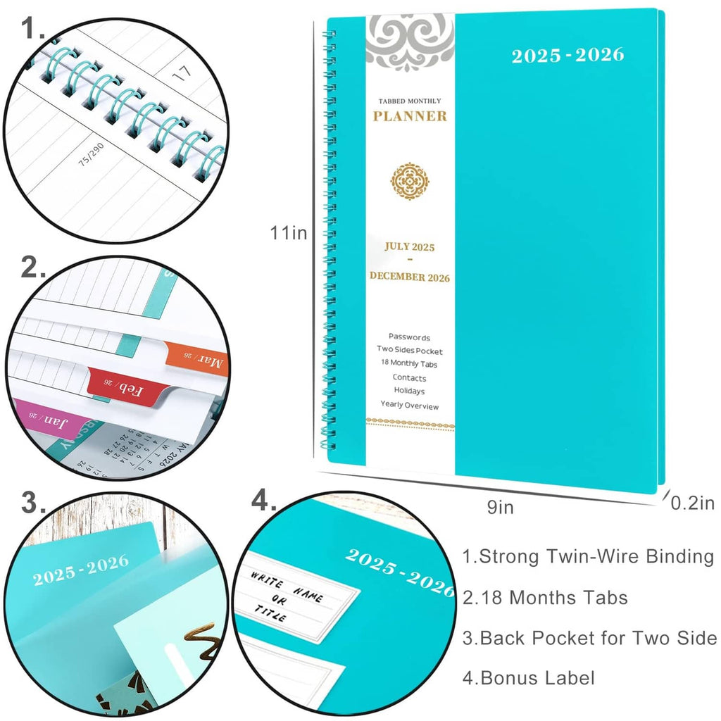 2025-2026 planner product details: spiral binding, tabs, pocket, and bonus label