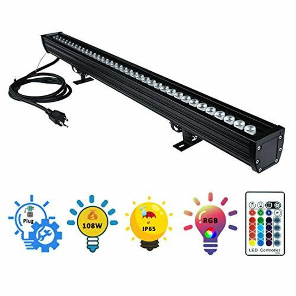 Black LED wall washer light bar with plug-in power cable and wall brackets