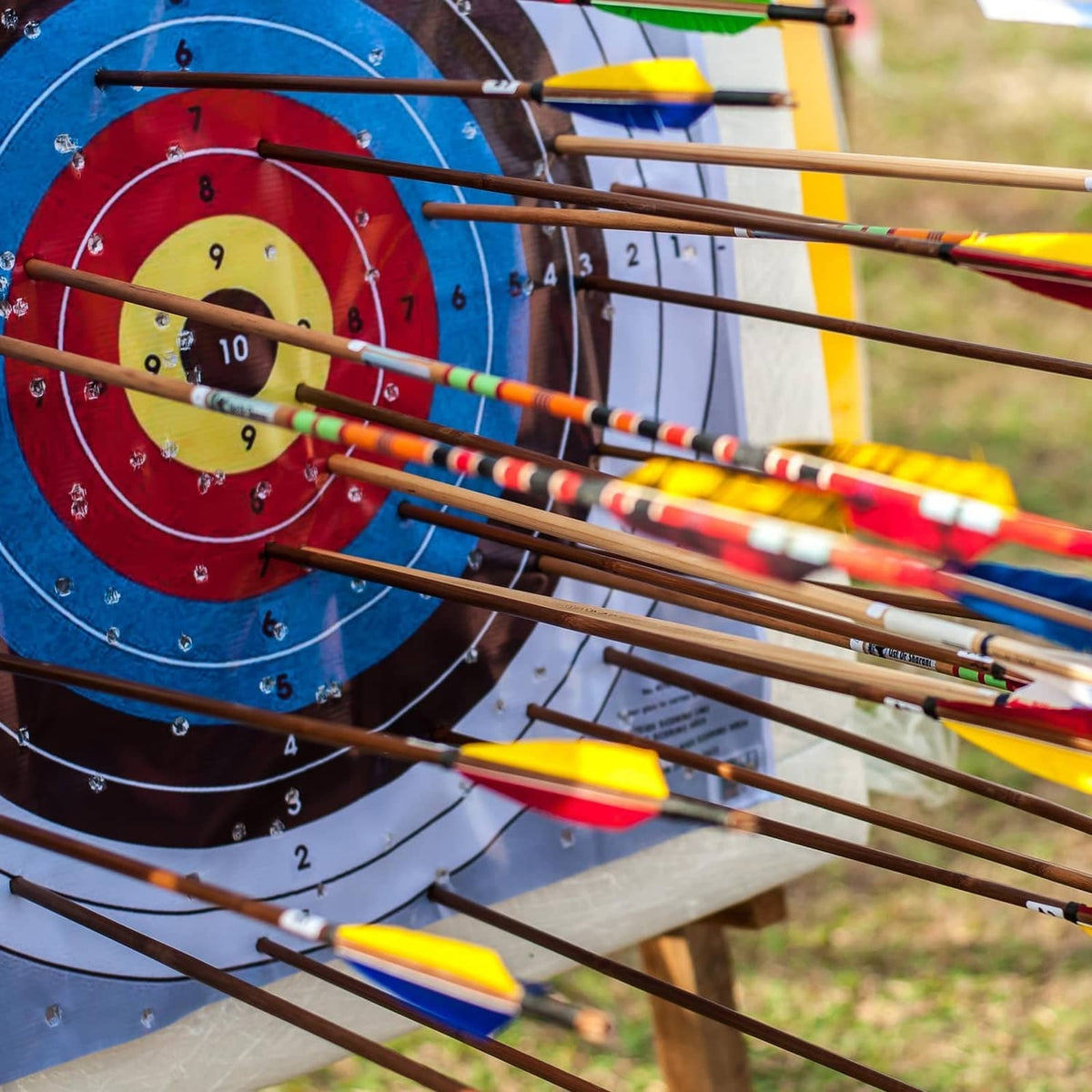 Archery target with multiple arrows and metal tips