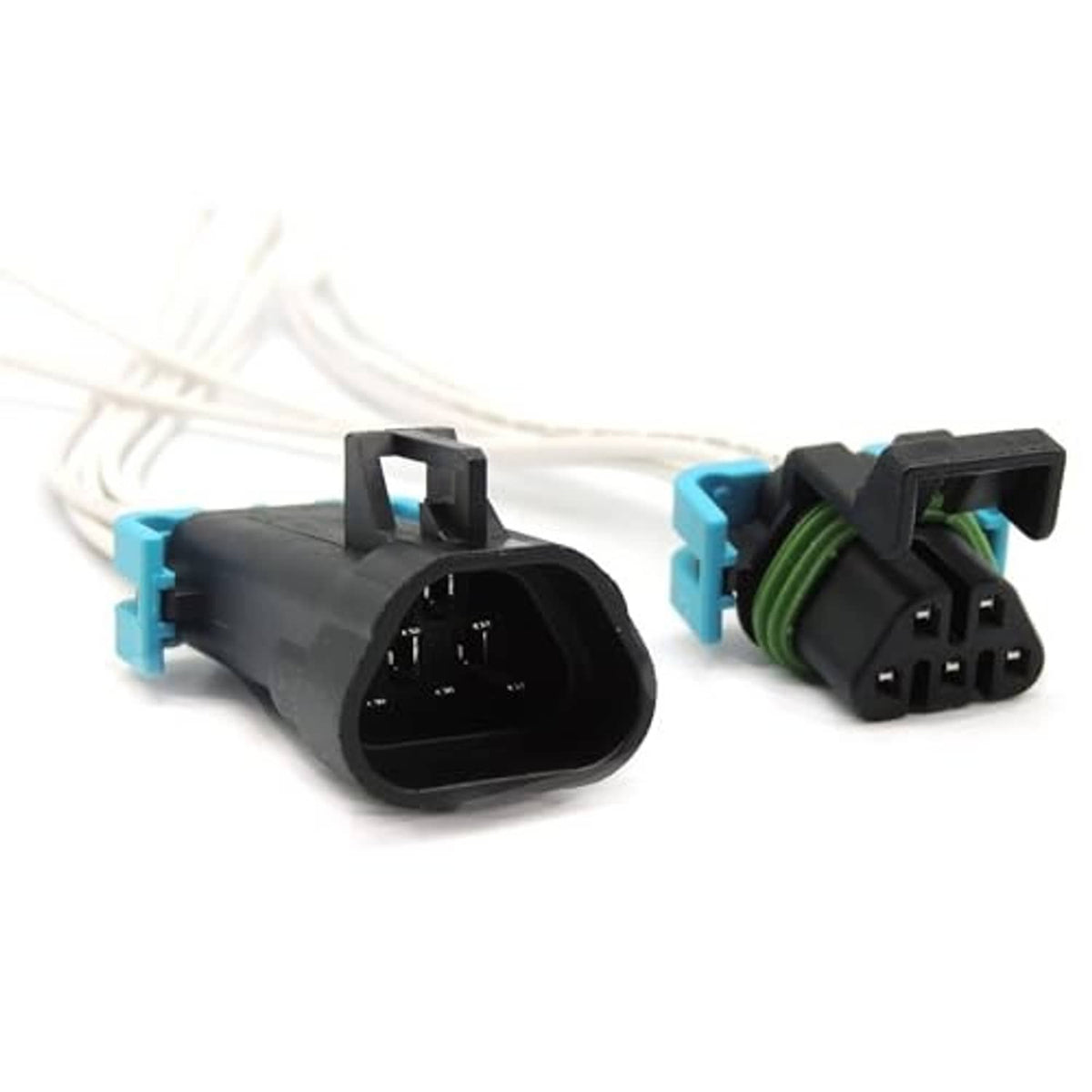 5-pin sealed headlight connector plug set with teal tabs and green wire coil