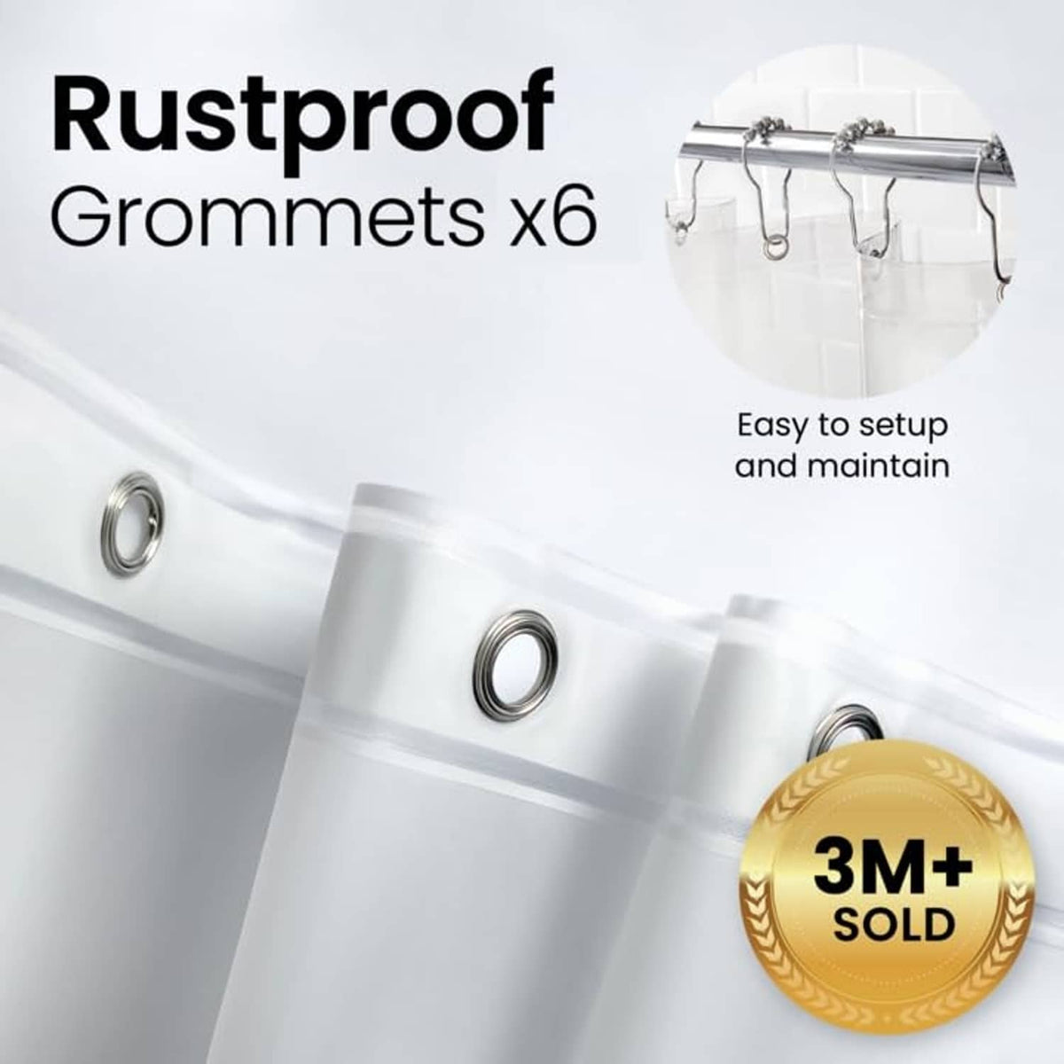 Clear PEVA shower liner with rust-resistant metal grommets and metal-ring top.