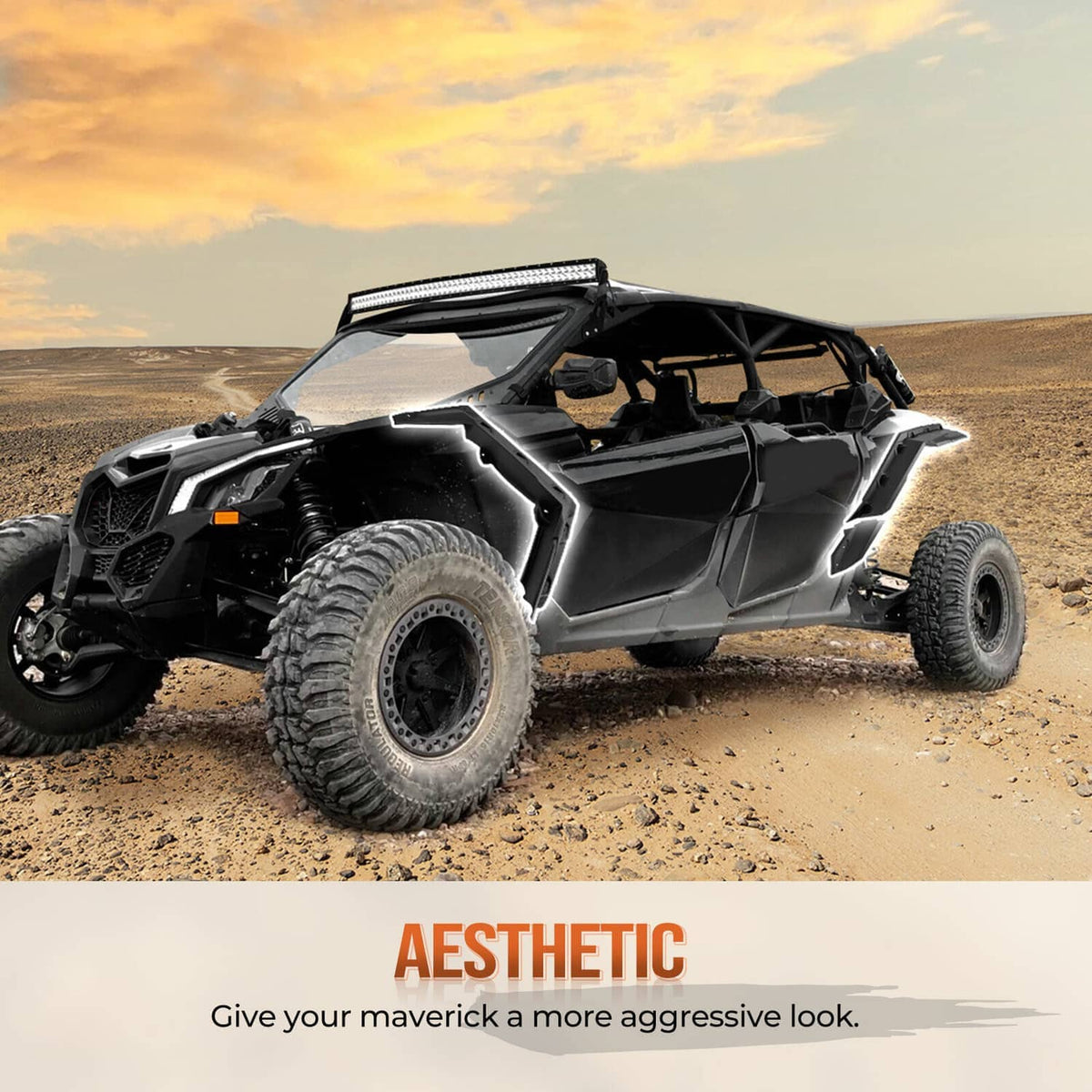 Black extended fender flares on off-road UTV with rear and side mud guards