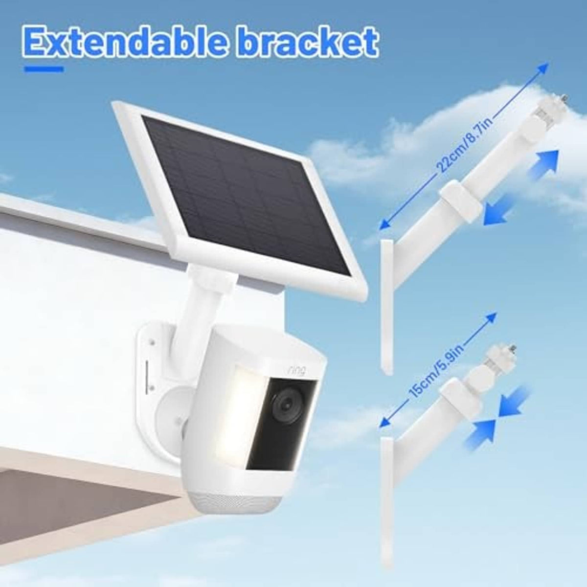Universal extendable bracket wall mount with solar panel and camera with size arrows.