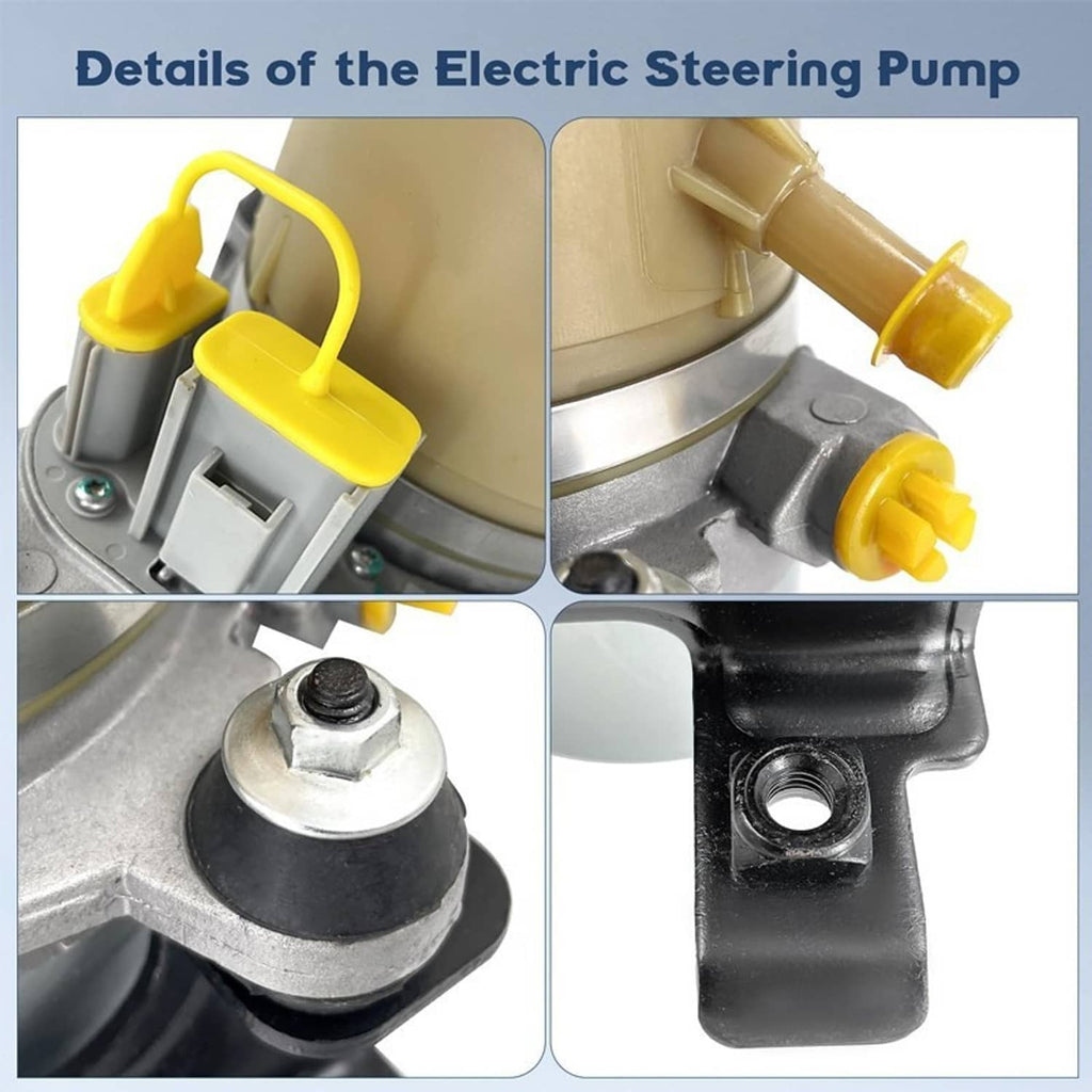 Electric power steering pump close-up showing beige housing, yellow clips, and metal fittings
