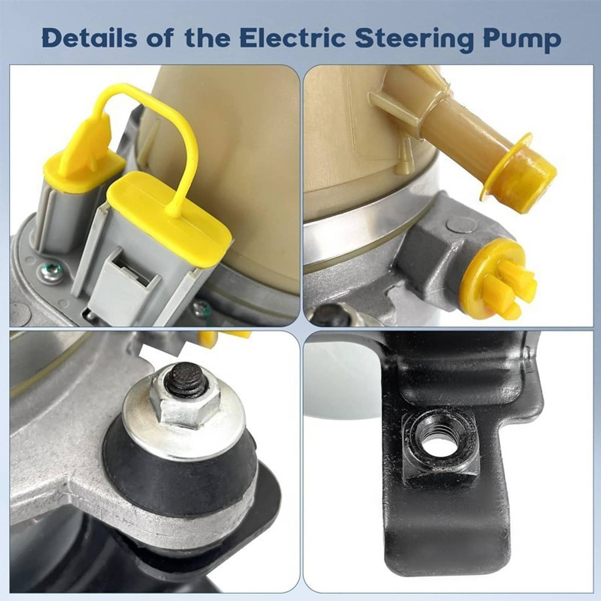 Electric power steering pump close-up showing beige housing, yellow clips, and metal fittings